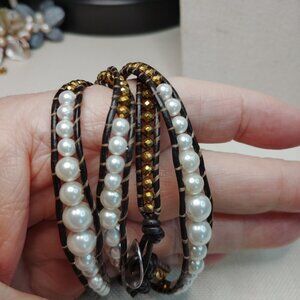 Handmade Leather Wrap Bracelet with Graduated Faux Pearls and Faceted Gold Tone